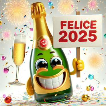Immagine allegra con bottiglia sorridente che festeggia il 2025