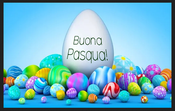 Immagine con tante uova di cioccolato decorate con un grande uovo al centro con gli auguri di Buona Pasqua