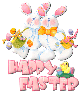 GIF con due scintillanti coniglietti pasquali con testo in inglese Happy Easter