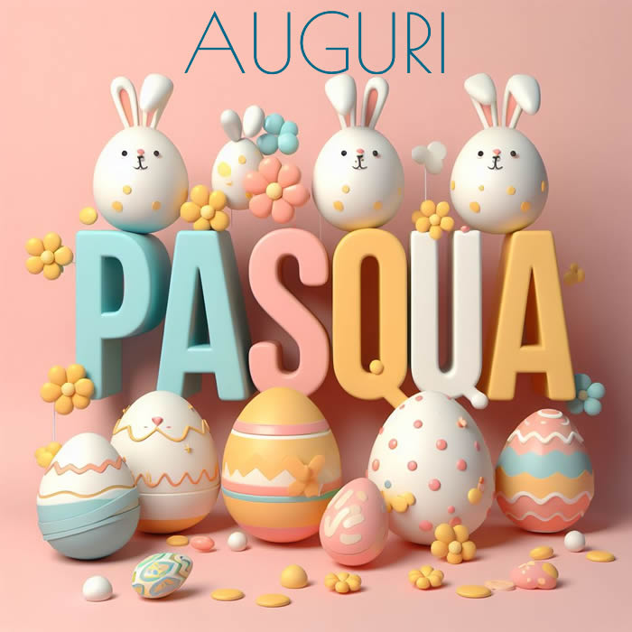 Biglietto di auguri di Pasqua con uova decorate e coniglietti