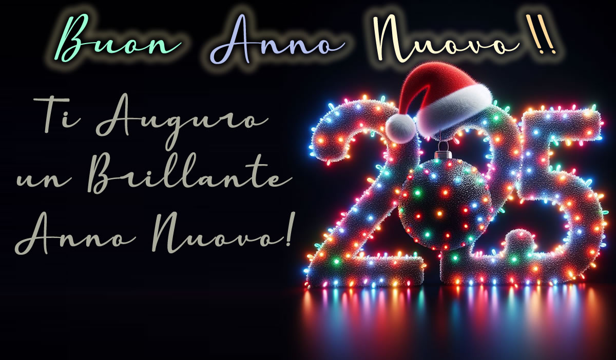 Immagine con 2025 creato con luci di Natale per inviare  i migliori auguri di buon anno e la speranza di un futuro luminoso