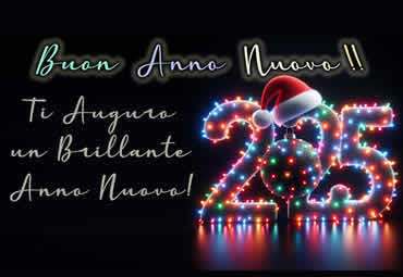 Immagine con 2025 illuminato da luci di Natale con  i migliori auguri per un felice anno nuovo nella speranza di un futuro luminoso.