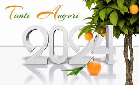 immagine con testo auguri 2025 con albero di arancio con frutti